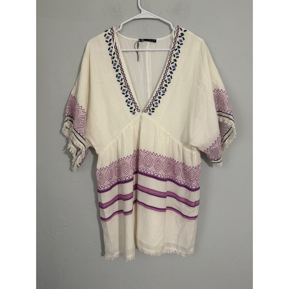 Zara Womens Embroidered Beaded V-Neck Tunic Dress White Purple Boho Medium